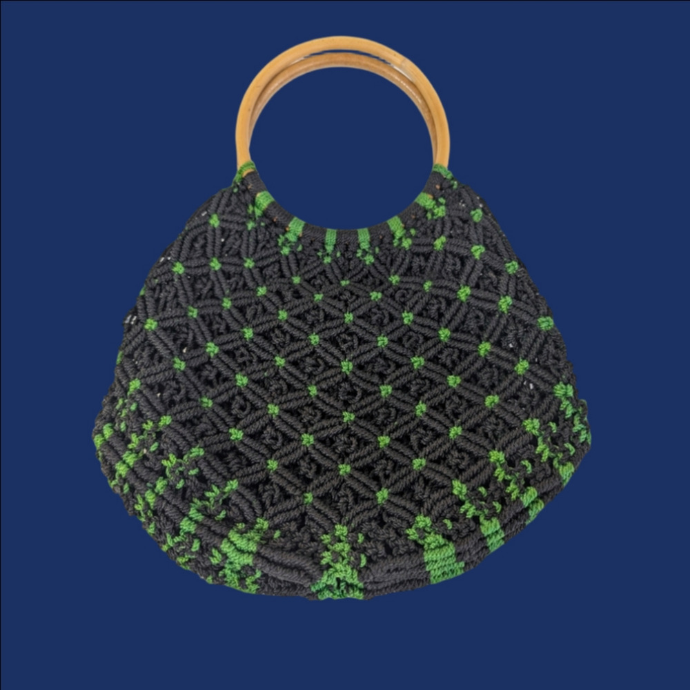 Vintage Bag Crochet  Green Woven Handbag with Bamboo Wooden Handles